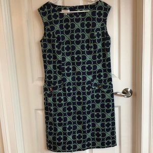 Talbots dress, size 12, color navy blue with chain symbols green & white.